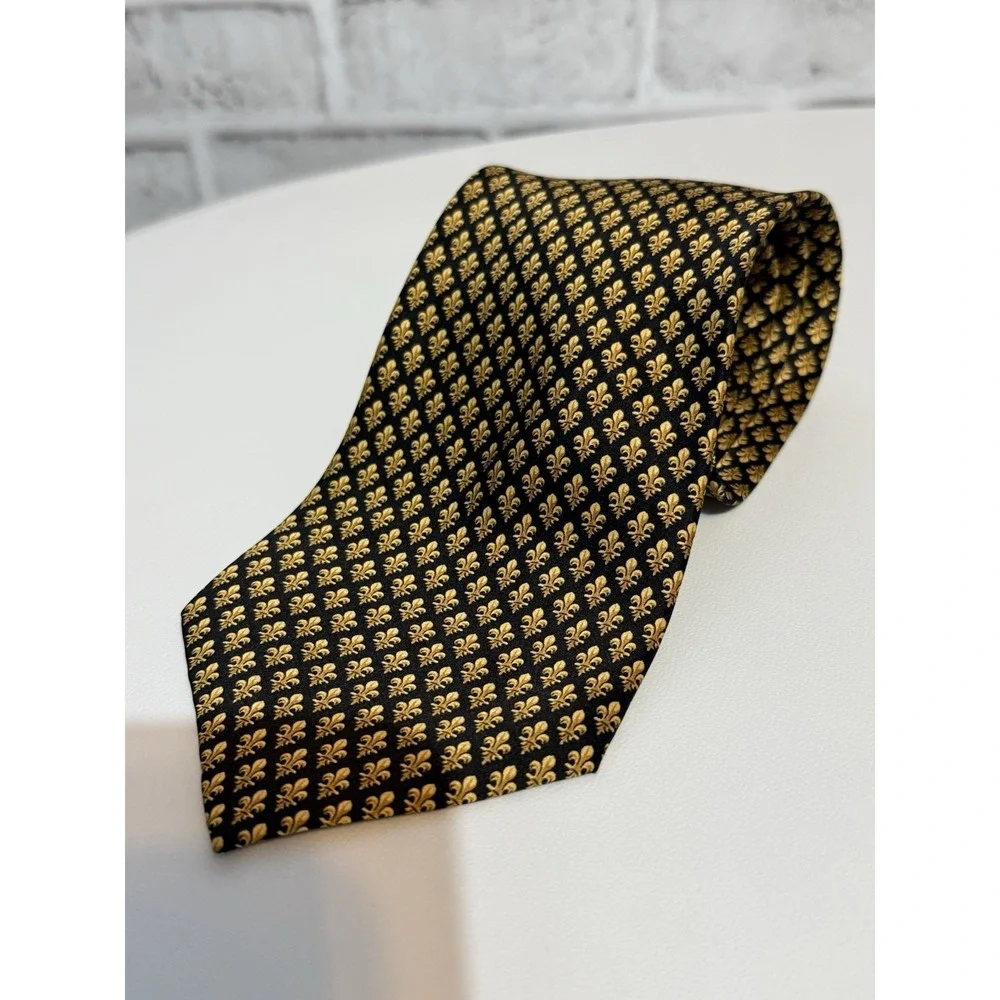 Enzo Felini All Silk Necktie Black Gold Fleur-de-Lis Made in France Vintage